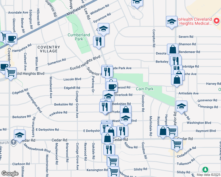 map of restaurants, bars, coffee shops, grocery stores, and more near 1940 Lee Road in Cleveland Heights