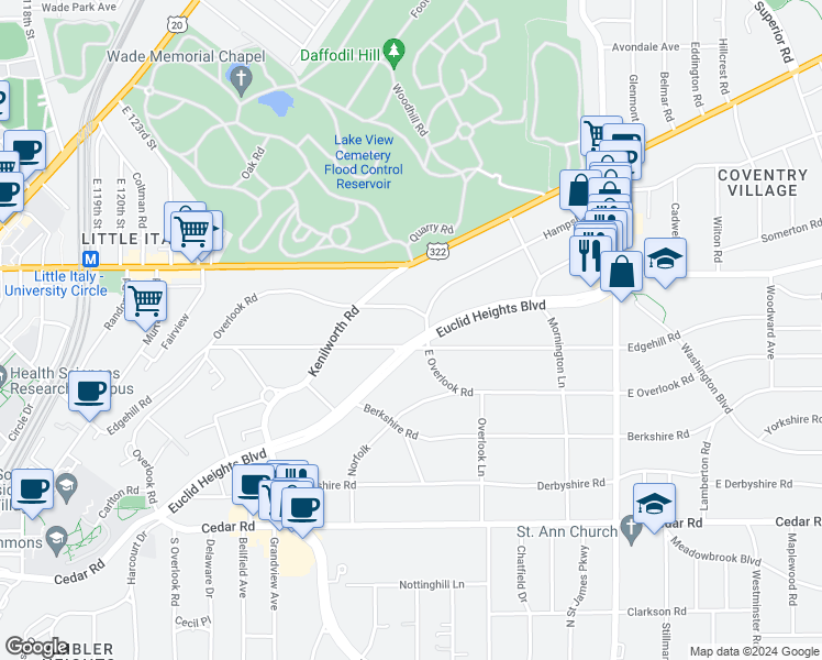 map of restaurants, bars, coffee shops, grocery stores, and more near 2577 Euclid Heights Boulevard in Cleveland