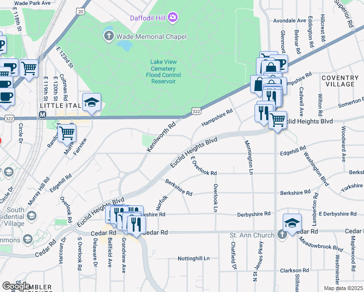 map of restaurants, bars, coffee shops, grocery stores, and more near 2577 Euclid Heights Boulevard in Cleveland