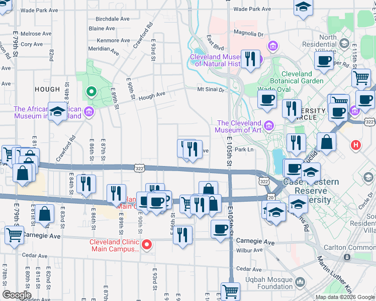 map of restaurants, bars, coffee shops, grocery stores, and more near 1891 East 97th Street in Cleveland