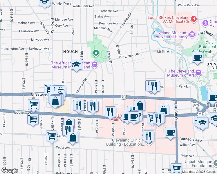 map of restaurants, bars, coffee shops, grocery stores, and more near 1855 East 87th Street in Cleveland