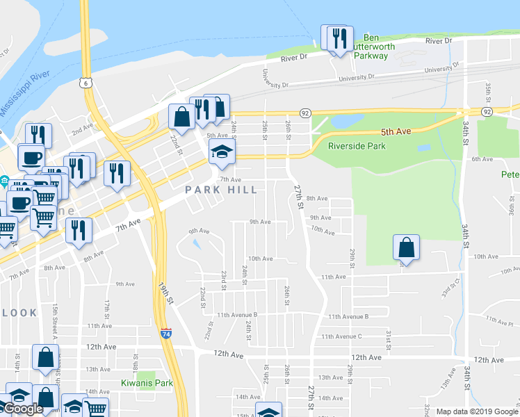 map of restaurants, bars, coffee shops, grocery stores, and more near 2409 9th Avenue in Moline