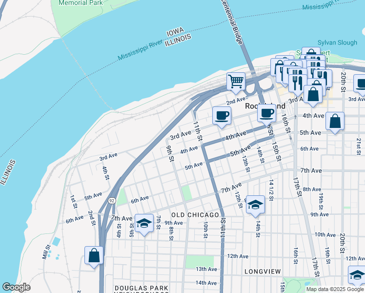 map of restaurants, bars, coffee shops, grocery stores, and more near 915 4th Avenue in Rock Island
