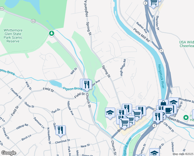 map of restaurants, bars, coffee shops, grocery stores, and more near 35 Porter Avenue in Naugatuck
