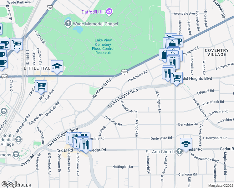 map of restaurants, bars, coffee shops, grocery stores, and more near 2585 Euclid Heights Boulevard in Cleveland