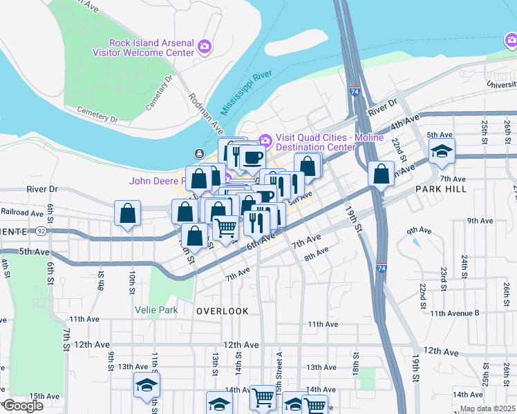 map of restaurants, bars, coffee shops, grocery stores, and more near 1515 5th Avenue in Moline