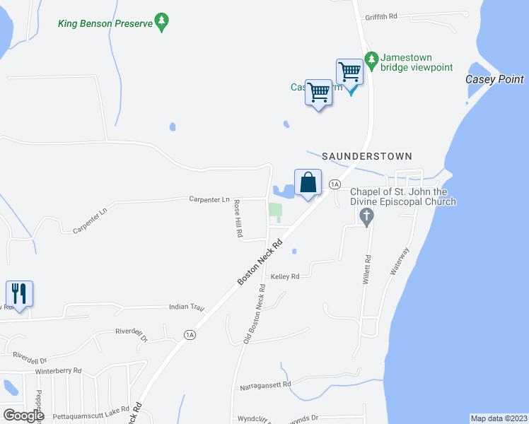 map of restaurants, bars, coffee shops, grocery stores, and more near 67 Miner Road in North Kingstown