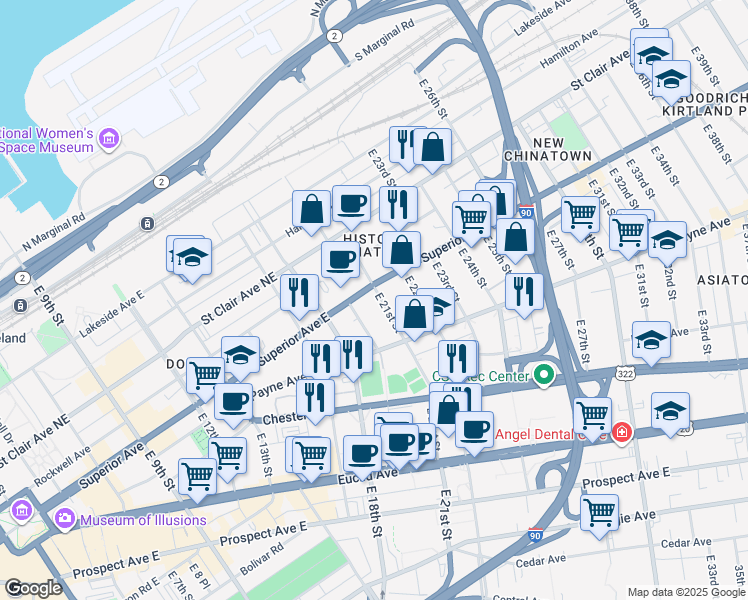 map of restaurants, bars, coffee shops, grocery stores, and more near 1900 Superior Avenue in Cleveland