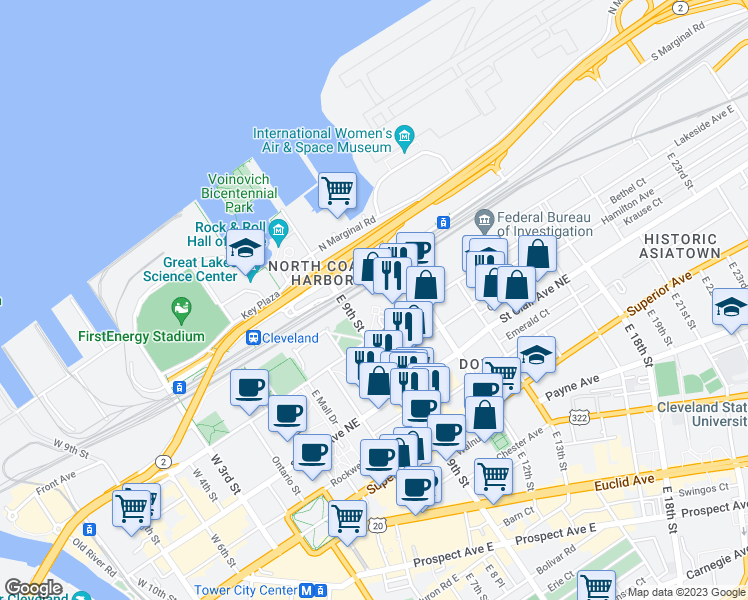 map of restaurants, bars, coffee shops, grocery stores, and more near 1001 Lakeside Avenue East in Cleveland