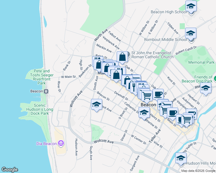 map of restaurants, bars, coffee shops, grocery stores, and more near 4 Dewindt Street in Beacon