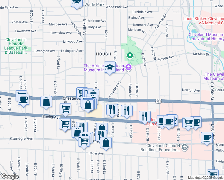 map of restaurants, bars, coffee shops, grocery stores, and more near 1856 Crawford Road in Cleveland