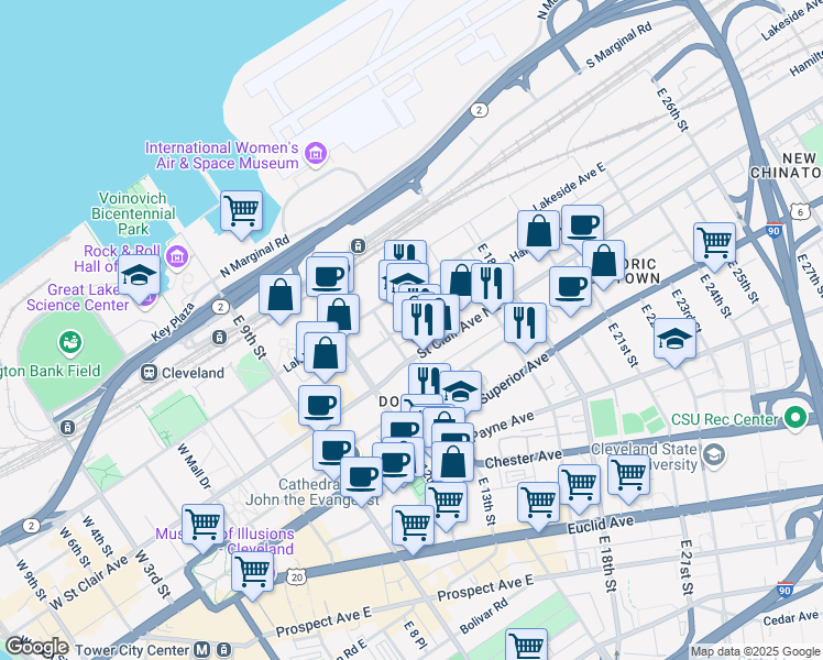 map of restaurants, bars, coffee shops, grocery stores, and more near 1421 Saint Clair Avenue Northeast in Cleveland