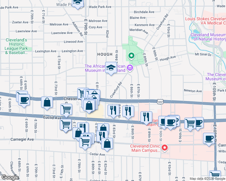 map of restaurants, bars, coffee shops, grocery stores, and more near 1856 Crawford Road in Cleveland