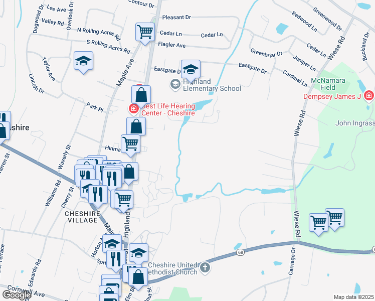 map of restaurants, bars, coffee shops, grocery stores, and more near 358 Highland Avenue in Cheshire
