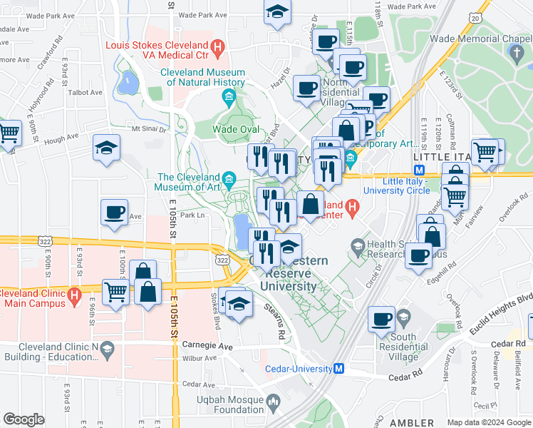 map of restaurants, bars, coffee shops, grocery stores, and more near 11173 East Boulevard in Cleveland