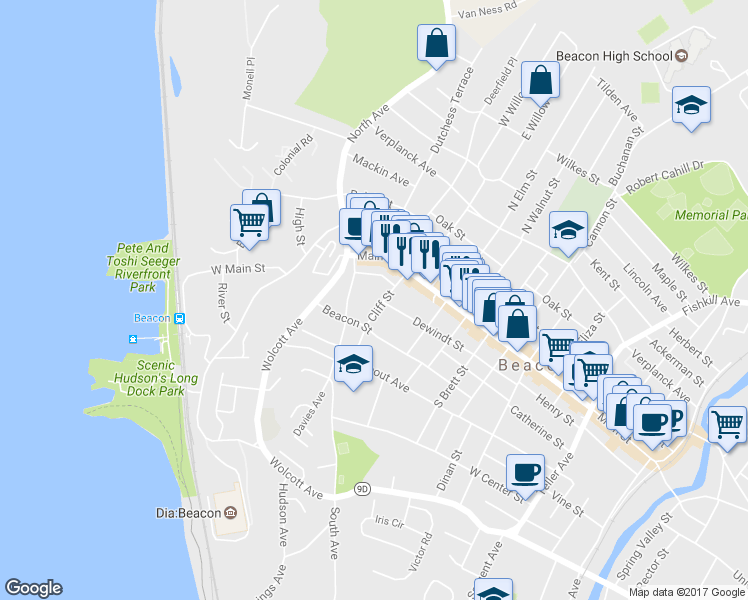 map of restaurants, bars, coffee shops, grocery stores, and more near 30 South Avenue in Beacon