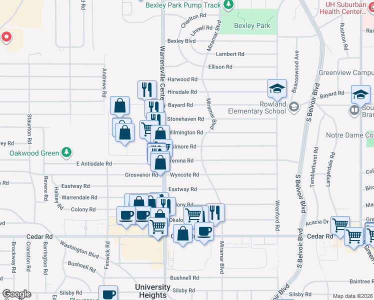 map of restaurants, bars, coffee shops, grocery stores, and more near 4055 Verona Road in South Euclid
