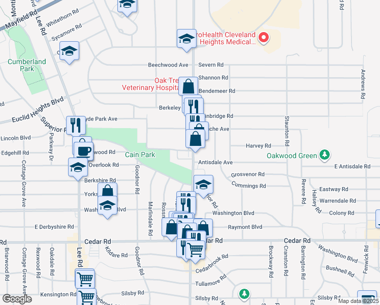 map of restaurants, bars, coffee shops, grocery stores, and more near 3436 Superior Park Drive in Cleveland Heights