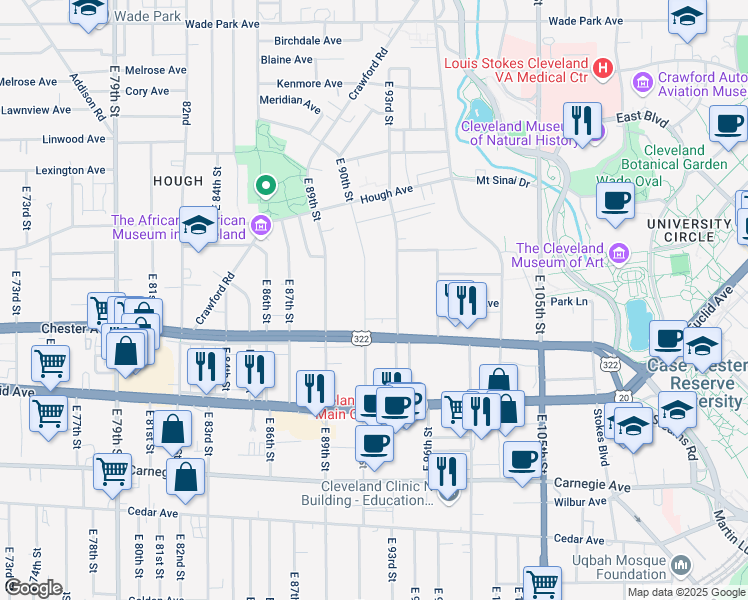 map of restaurants, bars, coffee shops, grocery stores, and more near 1877 East 90th Street in Cleveland