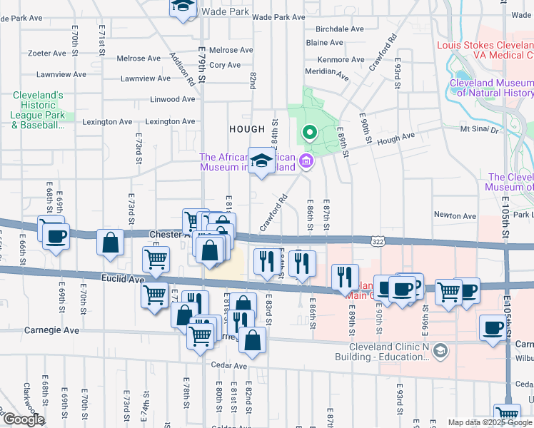 map of restaurants, bars, coffee shops, grocery stores, and more near 1856 Crawford Road in Cleveland
