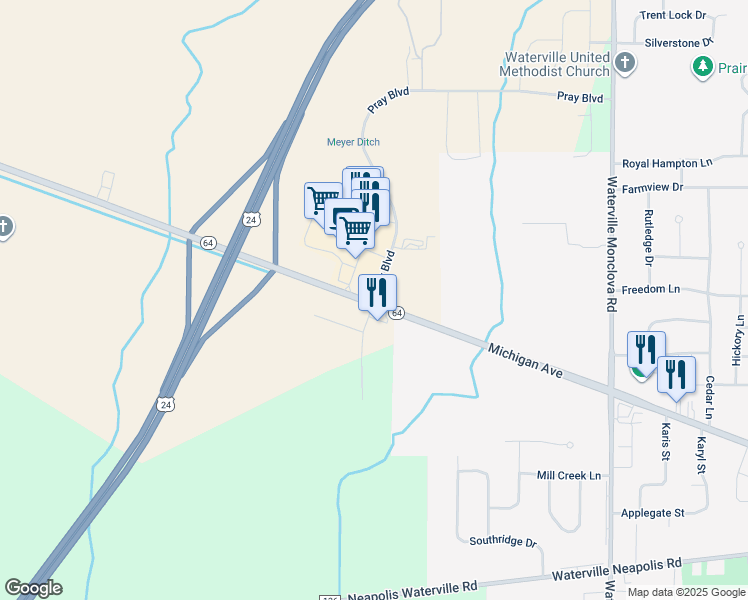 map of restaurants, bars, coffee shops, grocery stores, and more near 8645 Waterville Swanton Road in Waterville