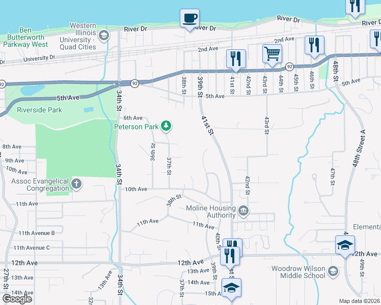 map of restaurants, bars, coffee shops, grocery stores, and more near 927 40th Street Court in Moline
