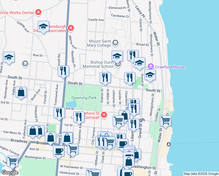 map of restaurants, bars, coffee shops, grocery stores, and more near 163 North Miller Street in Newburgh