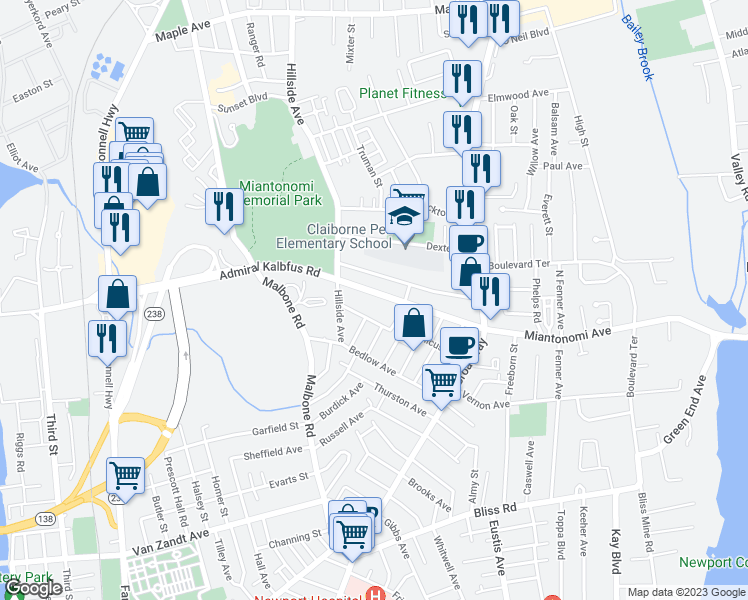 map of restaurants, bars, coffee shops, grocery stores, and more near 50 Admiral Kalbfus Road in Newport