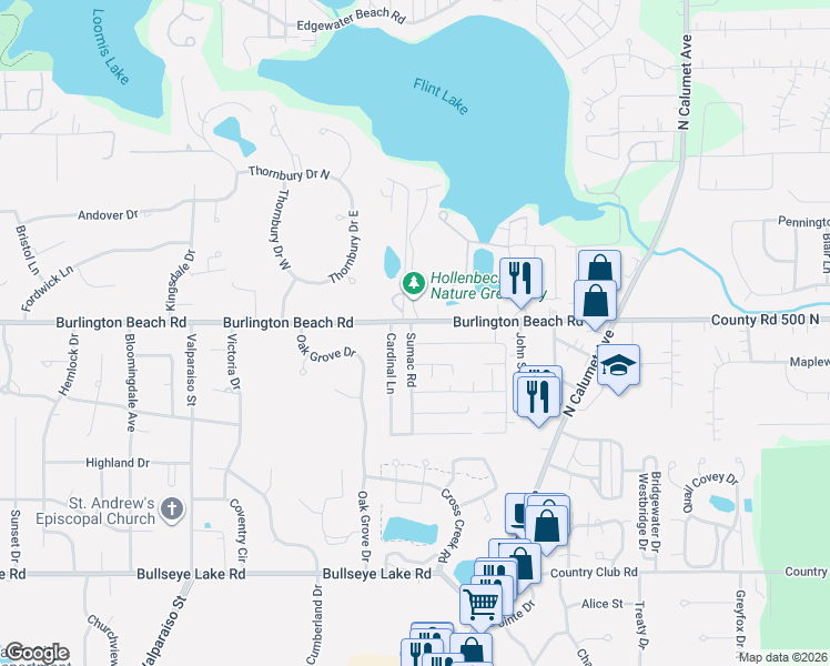 map of restaurants, bars, coffee shops, grocery stores, and more near 1304 Redwing Road in Valparaiso