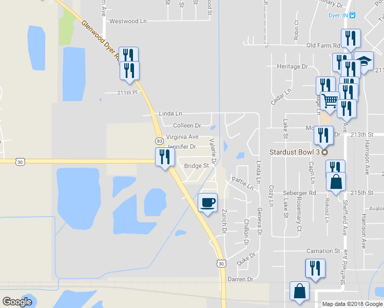 map of restaurants, bars, coffee shops, grocery stores, and more near 707 Michelle Drive in Chicago Heights