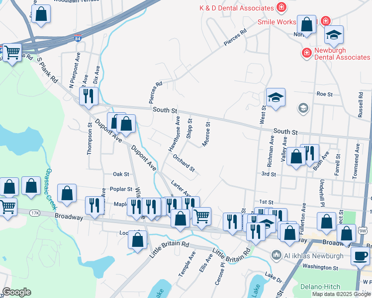 map of restaurants, bars, coffee shops, grocery stores, and more near 4 Shipp Street in Newburgh