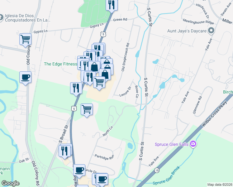 map of restaurants, bars, coffee shops, grocery stores, and more near 8 Lenore Drive in Meriden