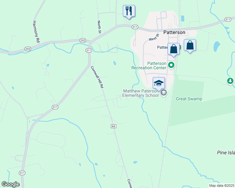 map of restaurants, bars, coffee shops, grocery stores, and more near 201 Cornwall Meadows Lane in Patterson