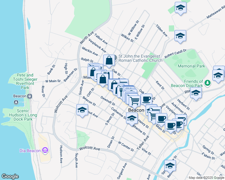 map of restaurants, bars, coffee shops, grocery stores, and more near 267B Main Street in Beacon