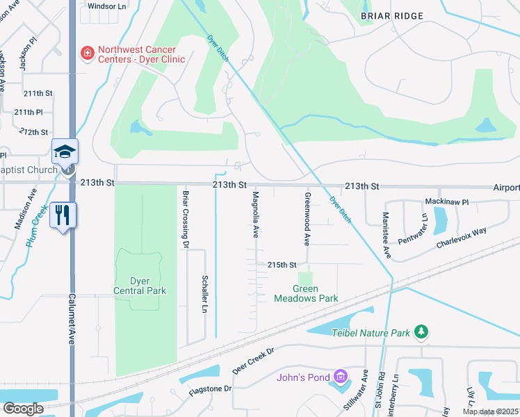 map of restaurants, bars, coffee shops, grocery stores, and more near 1331 Magnolia Avenue in Dyer