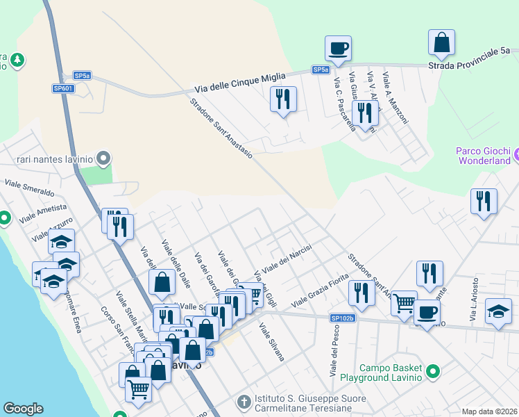 map of restaurants, bars, coffee shops, grocery stores, and more near 48 Viale delle Isole in Anzio