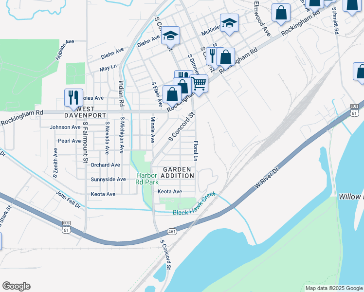 map of restaurants, bars, coffee shops, grocery stores, and more near 3216 Homestead Avenue in Davenport