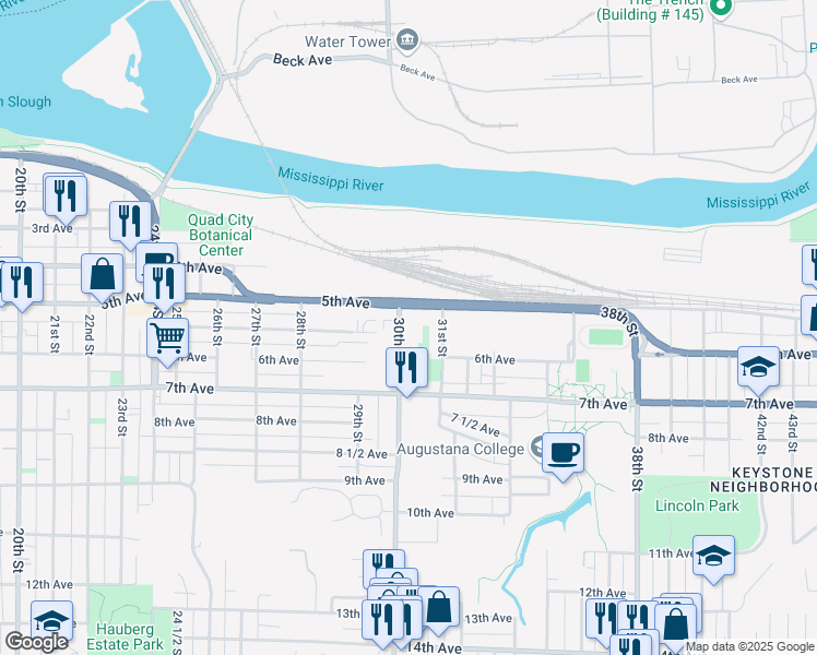 map of restaurants, bars, coffee shops, grocery stores, and more near 525 30th Street in Rock Island