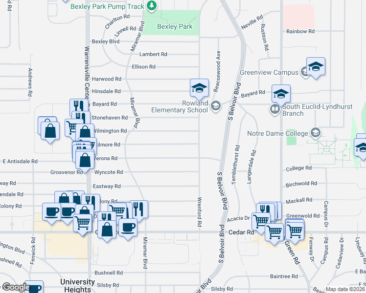 map of restaurants, bars, coffee shops, grocery stores, and more near 4221 Verona Road in South Euclid