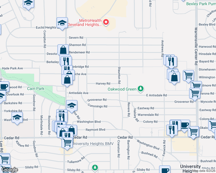 map of restaurants, bars, coffee shops, grocery stores, and more near 3649 Antisdale Avenue in Cleveland Heights