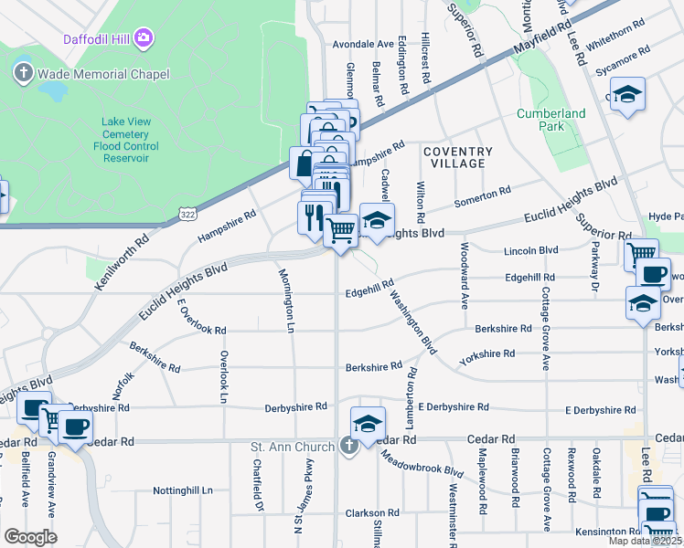 map of restaurants, bars, coffee shops, grocery stores, and more near 2821 Edgehill Road in Cleveland Heights