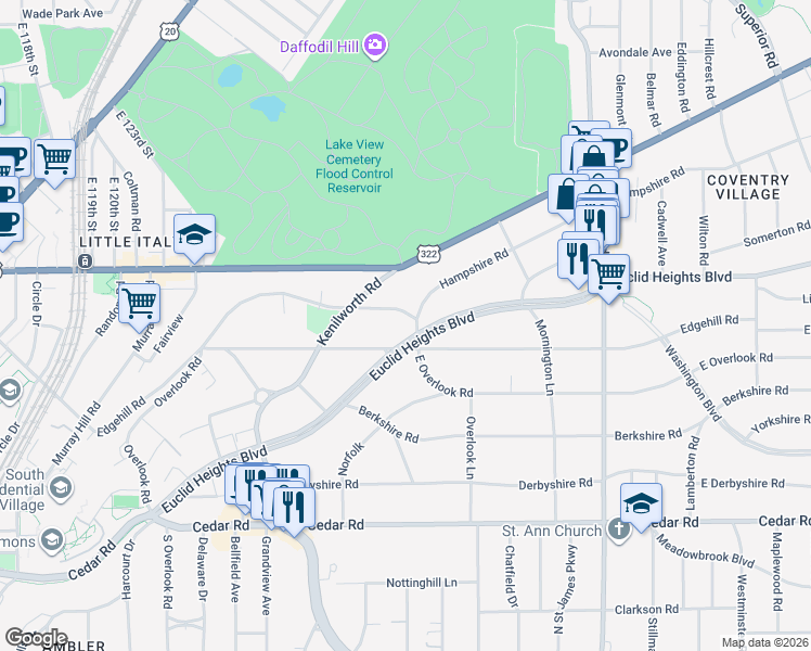map of restaurants, bars, coffee shops, grocery stores, and more near 2580 Overlook Road in Cleveland Heights