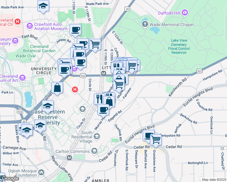 map of restaurants, bars, coffee shops, grocery stores, and more near 2080 Murray Hill Road in Cleveland