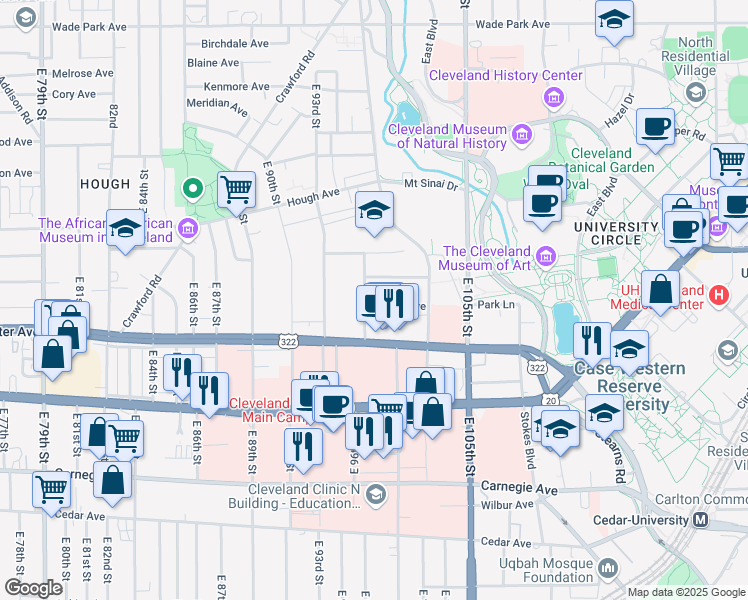 map of restaurants, bars, coffee shops, grocery stores, and more near 1871 East 97th Street in Cleveland