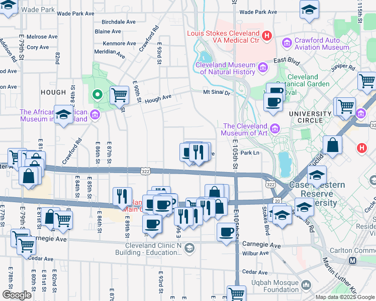 map of restaurants, bars, coffee shops, grocery stores, and more near 1871 East 97th Street in Cleveland
