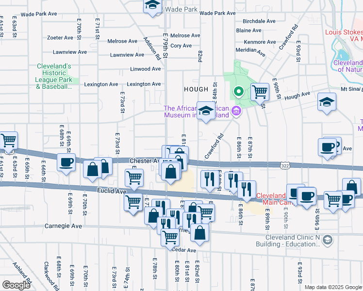map of restaurants, bars, coffee shops, grocery stores, and more near 1895 East 81st Street in Cleveland