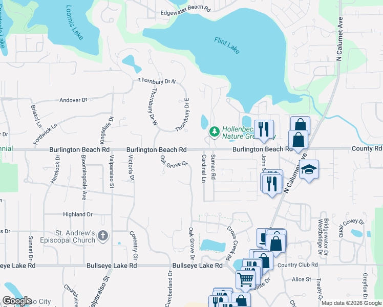 map of restaurants, bars, coffee shops, grocery stores, and more near 4203 Cardinal Lane in Valparaiso