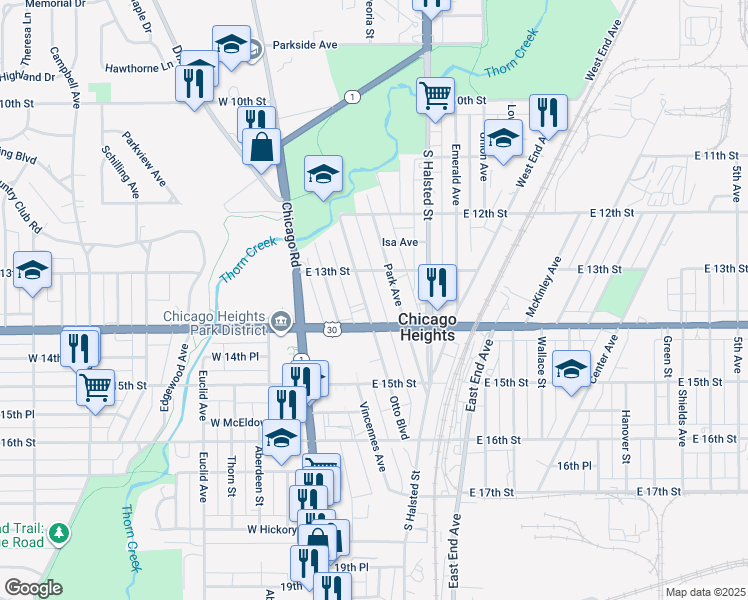 map of restaurants, bars, coffee shops, grocery stores, and more near 69 East Lincoln Highway in Chicago Heights