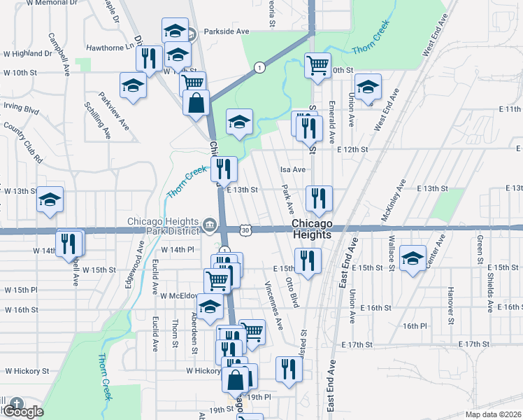 map of restaurants, bars, coffee shops, grocery stores, and more near 1343 Vincennes Avenue in Chicago Heights