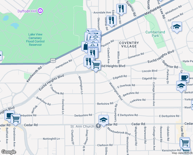 map of restaurants, bars, coffee shops, grocery stores, and more near 2821 Edgehill Road in Cleveland Heights